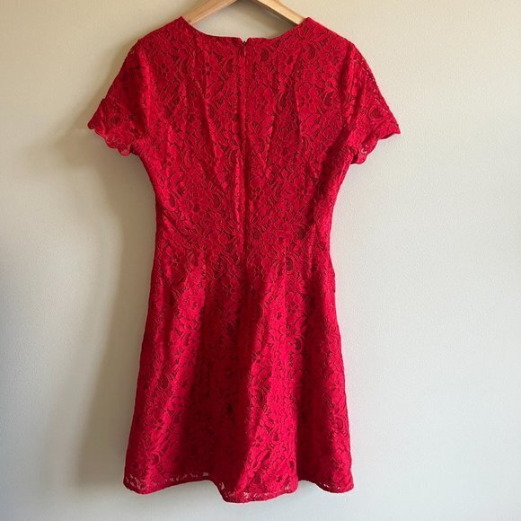 J. Crew Red Lace Short Sleeve Dress Lined Cocktail E3707 A-Line Womens Size 4 - Picture 6 of 10